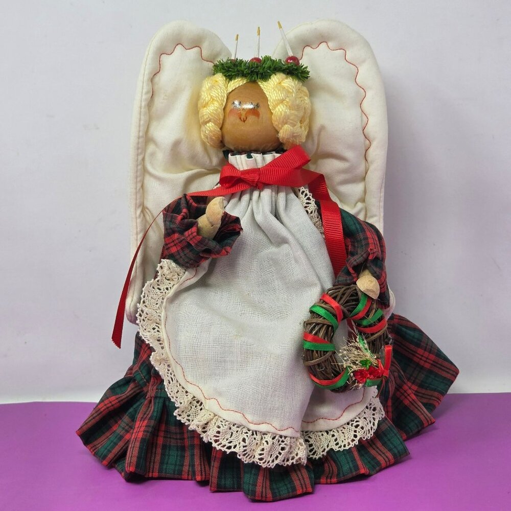 Handcrafted Christmas Angel Tree Topper With Plaid Dress & Wreath Wooden‎ Head